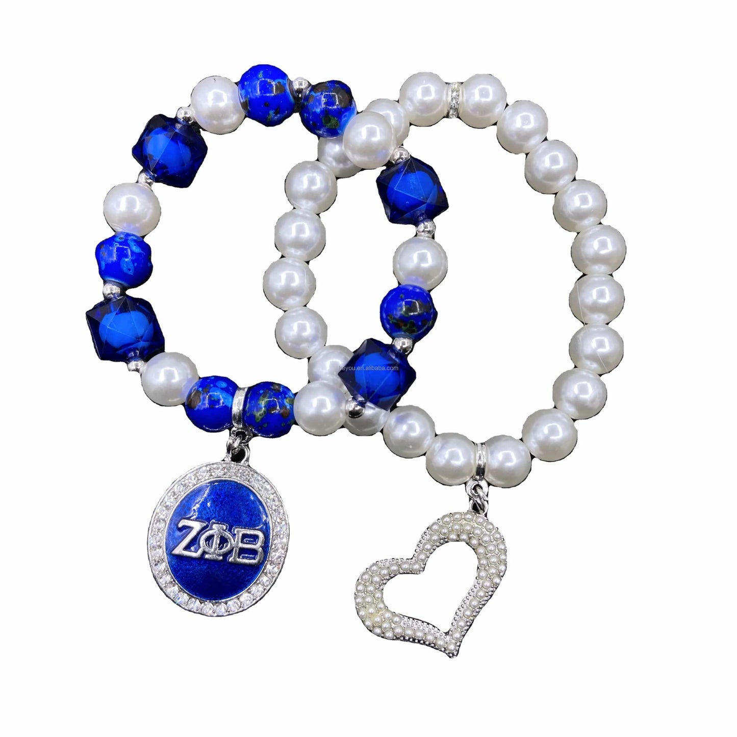 Zeta Phi Beta Custom Handmade Irregular Blue Square Beaded Bracelets White Pearl Chain Heart Pendant ZPB Bracelet SetJewelry