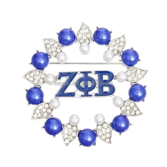 ZETA Phi Beta  Sorority Blue White Beads Leaf Rhinestone Metal Women Brooch Pin for Gift