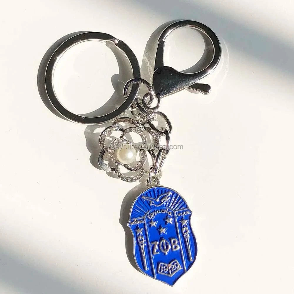 zeta Zeta Phi Beta Key Chain White Blue Pearl Stainless Steel Letter Pendant Key Buckles Female's Jewelry Gifts Accessories