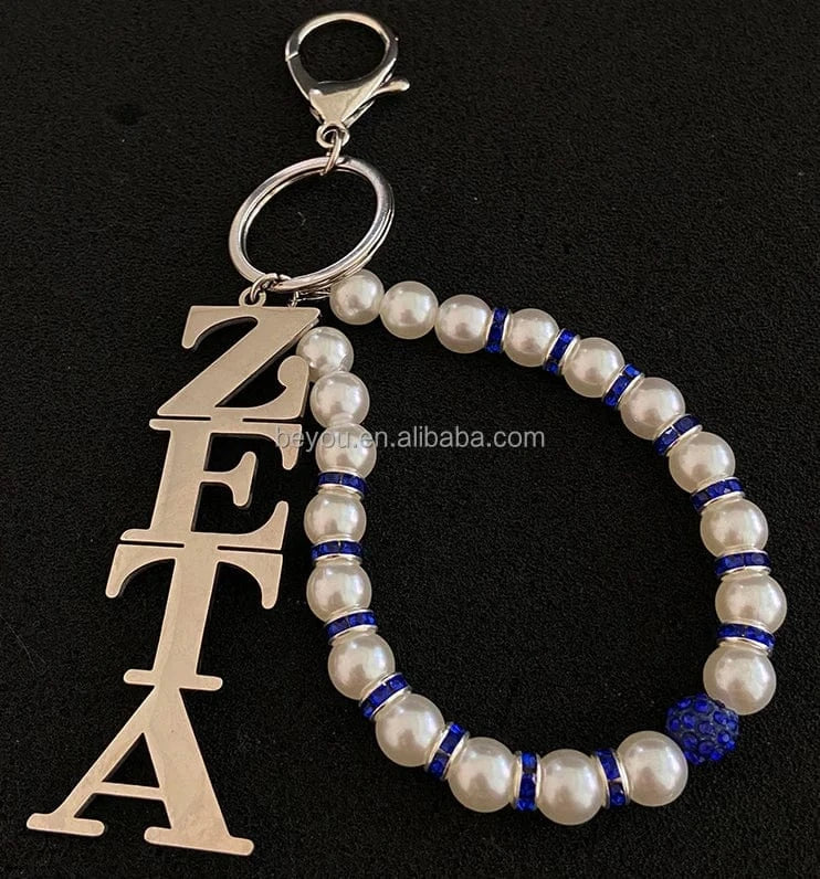 zeta Zeta Phi Beta Key Chain White Blue Pearl Stainless Steel Letter Pendant Key Buckles Female's Jewelry Gifts Accessories