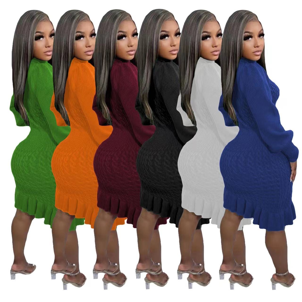 ZHEZHE 2023 New arrivals solid color high neck long sleeve knit dress with falbala casual sweater dress women clothing