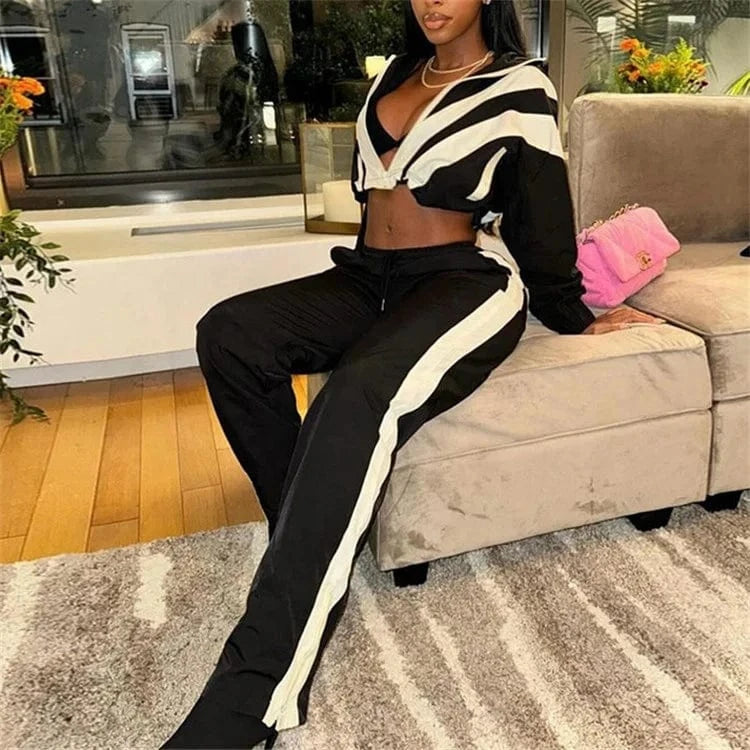 Zip Up Patchwork Pants Set Women Color Block Tracksuits Long Sleeve Two Pieces Outfits