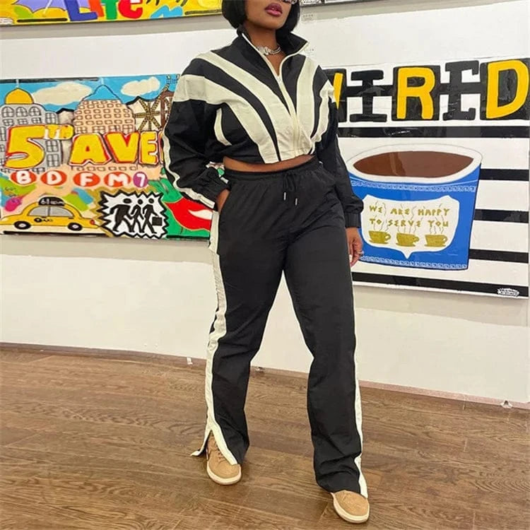Zip Up Patchwork Pants Set Women Color Block Tracksuits Long Sleeve Two Pieces Outfits
