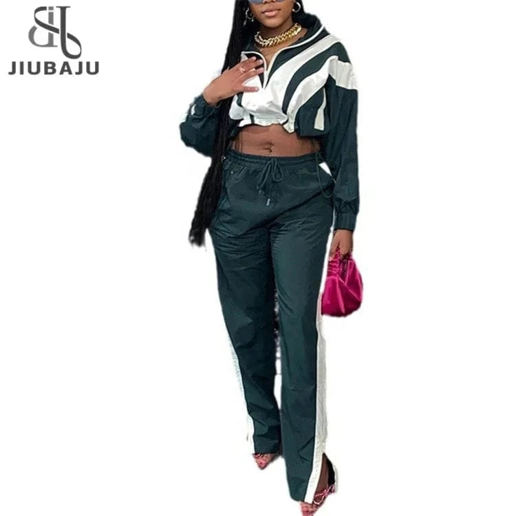 Zip Up Patchwork Pants Set Women Color Block Tracksuits Long Sleeve Two Pieces Outfits