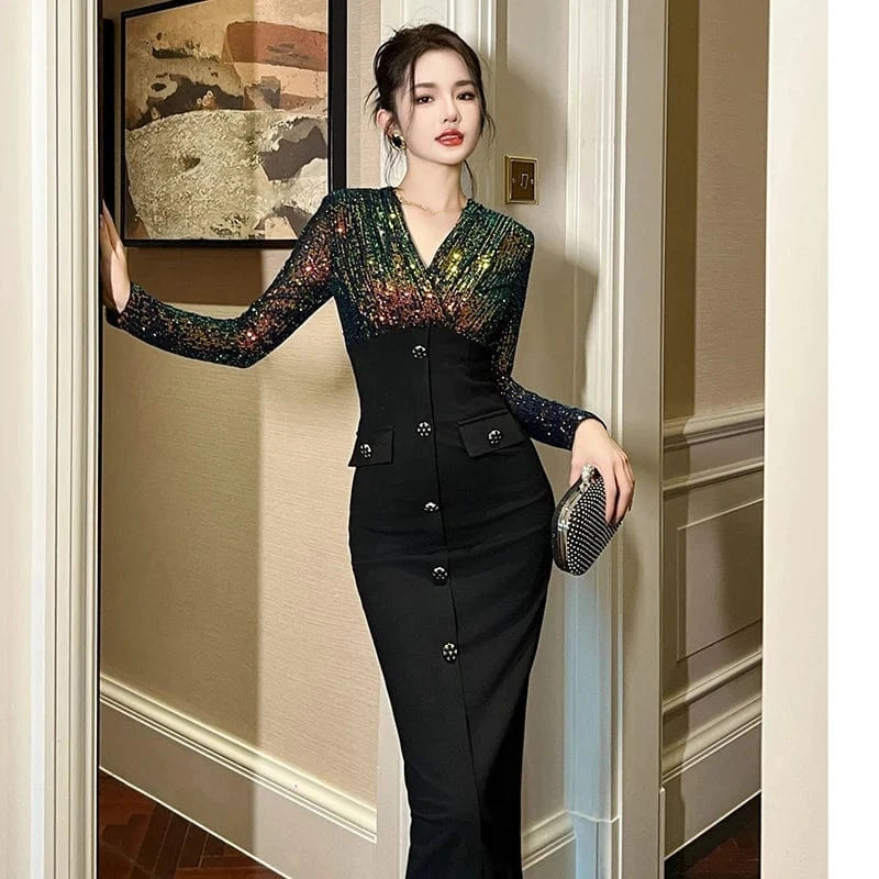 ZYHT 11120 Single Breasted Sequins Stitching Evening Long Sleeve Dress Luxury V-neck Slim Fit Midi Dresses