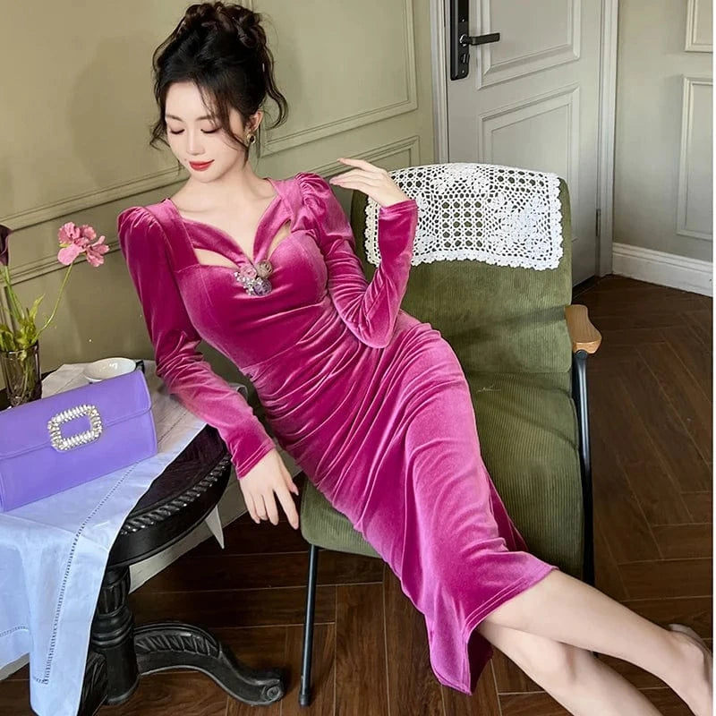 ZYHT 11145 Hollowed Out Sexy V Neck 3D Flower Decor Velvet Slim Dress Ruched Ladies Party Elegant Dresses