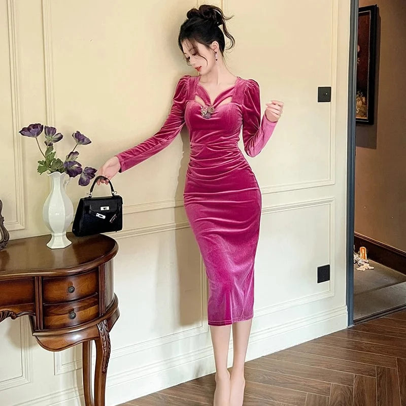 ZYHT 11145 Hollowed Out Sexy V Neck 3D Flower Decor Velvet Slim Dress Ruched Ladies Party Elegant Dresses