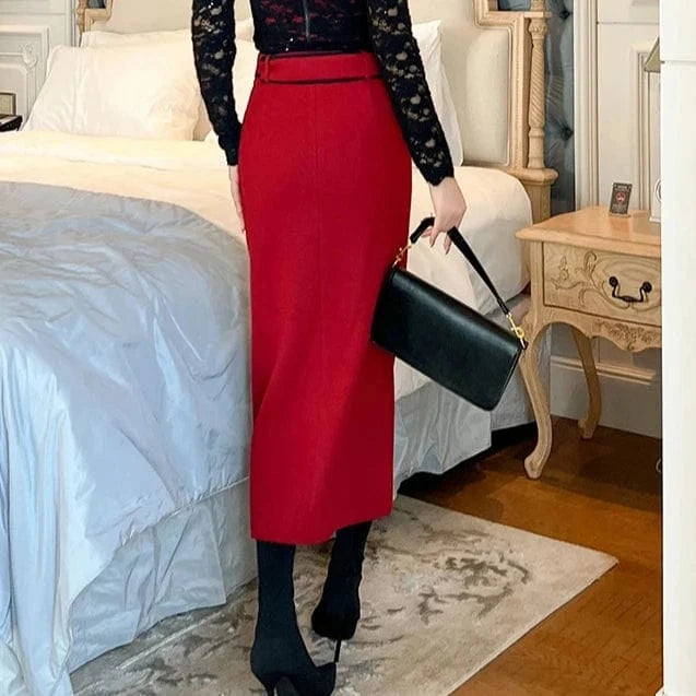 ZYHT 11179 Autumn Winter Women Red Woolen Midi Skirts High Waist Front Button Up Straight Skirt with Belt
