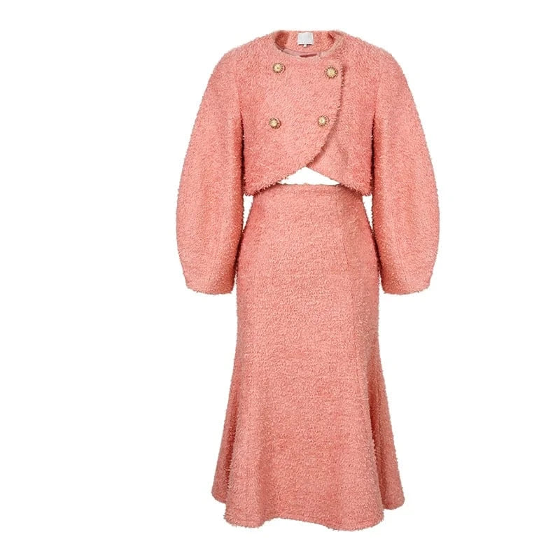 ZYHT 11198 Winter Outfits Two Pieces Ladies Tweed Jacket Skirt Set Long Sleeve Short Coat and Midi Skirt Suit