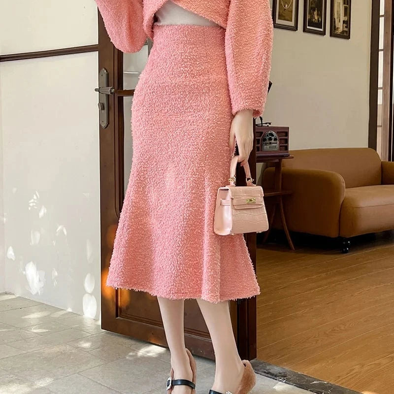 ZYHT 11198 Winter Outfits Two Pieces Ladies Tweed Jacket Skirt Set Long Sleeve Short Coat and Midi Skirt Suit