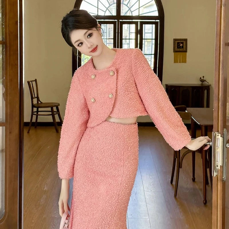 ZYHT 11198 Winter Outfits Two Pieces Ladies Tweed Jacket Skirt Set Long Sleeve Short Coat and Midi Skirt Suit