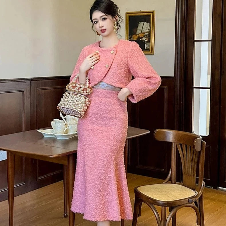 ZYHT 11198 Winter Outfits Two Pieces Ladies Tweed Jacket Skirt Set Long Sleeve Short Coat and Midi Skirt Suit