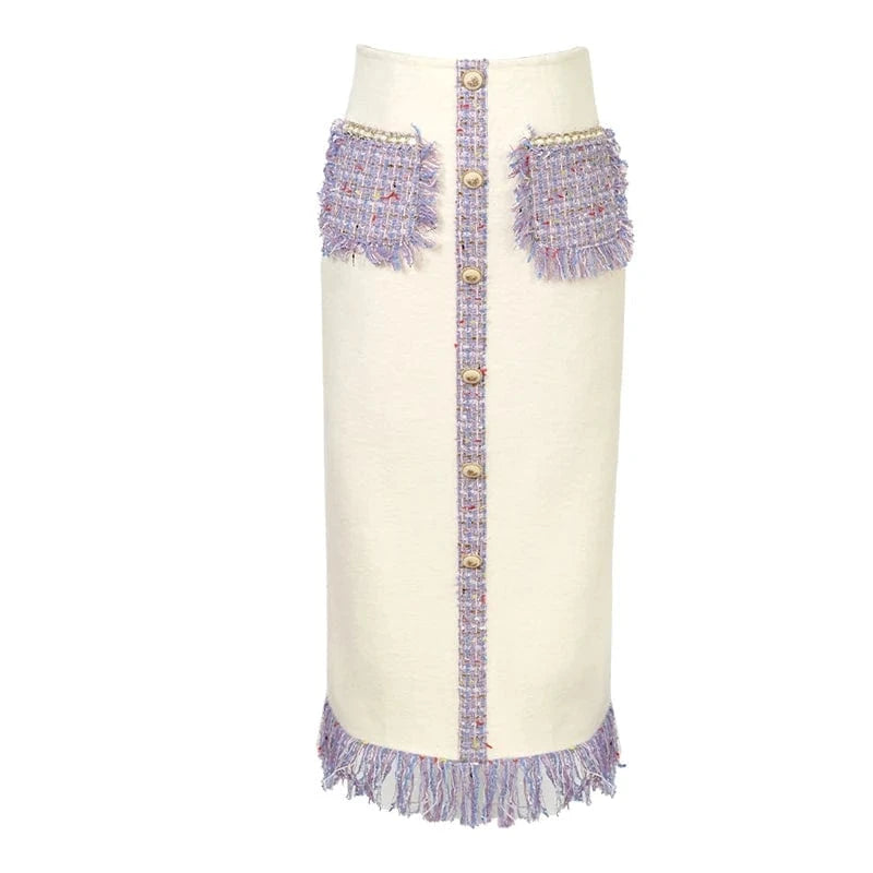 ZYHT 11201 Woolen Tweed Patchwork Fringe Split Midi Skirt Metal Buttons Elegant Straight Skirt with Tassels