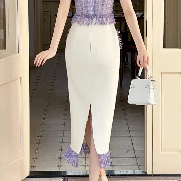 ZYHT 11201 Woolen Tweed Patchwork Fringe Split Midi Skirt Metal Buttons Elegant Straight Skirt with Tassels