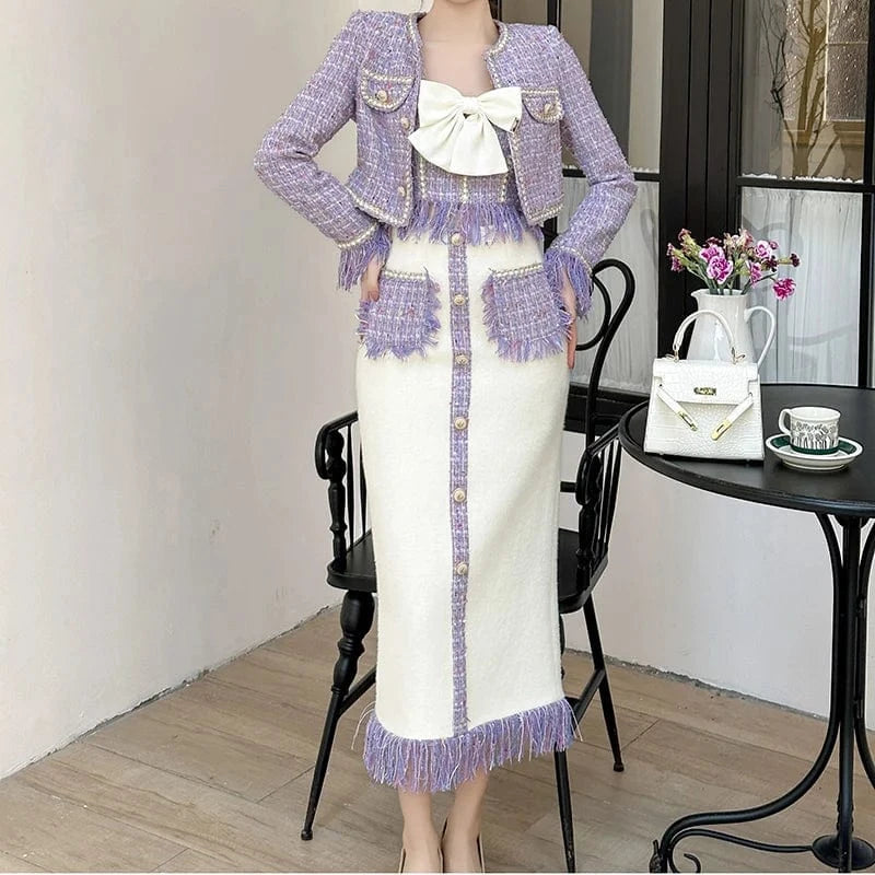 ZYHT 11201 Woolen Tweed Patchwork Fringe Split Midi Skirt Metal Buttons Elegant Straight Skirt with Tassels