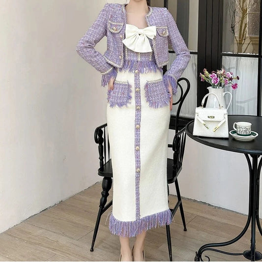 ZYHT 11201 Woolen Tweed Patchwork Fringe Split Midi Skirt Metal Buttons Elegant Straight Skirt with Tassels