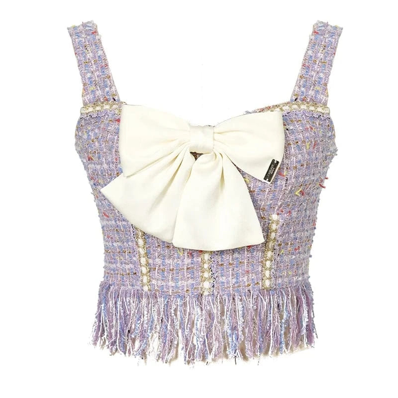 ZYHT 11203 Wide Straps Soft Tube Sleeveless Sexy Short Vest Big Bowknot Tassels Knitted Tweed Crop Top