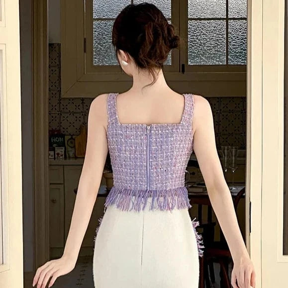 ZYHT 11203 Wide Straps Soft Tube Sleeveless Sexy Short Vest Big Bowknot Tassels Knitted Tweed Crop Top