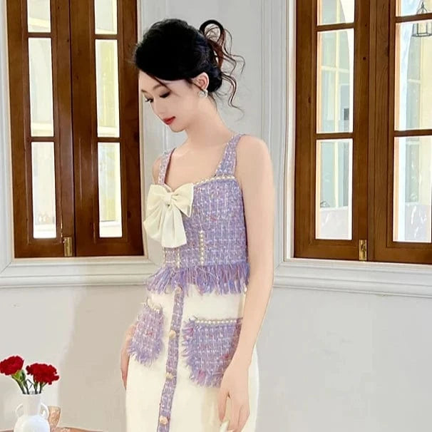 ZYHT 11203 Wide Straps Soft Tube Sleeveless Sexy Short Vest Big Bowknot Tassels Knitted Tweed Crop Top