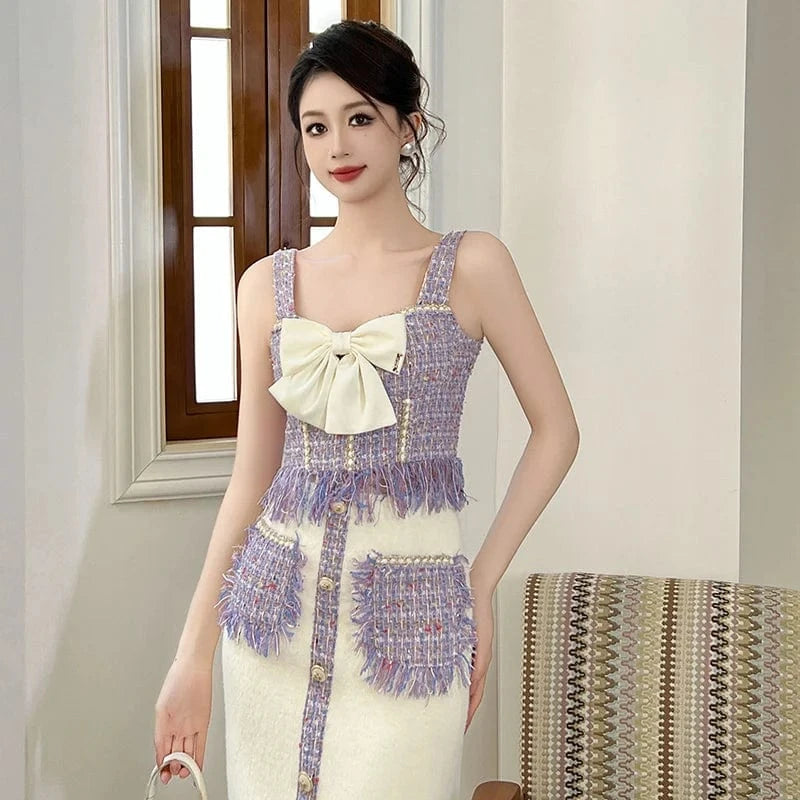 ZYHT 11203 Wide Straps Soft Tube Sleeveless Sexy Short Vest Big Bowknot Tassels Knitted Tweed Crop Top