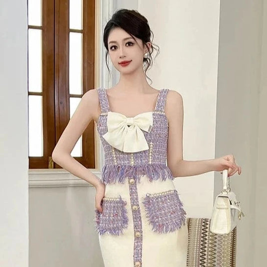 ZYHT 11203 Wide Straps Soft Tube Sleeveless Sexy Short Vest Big Bowknot Tassels Knitted Tweed Crop Top