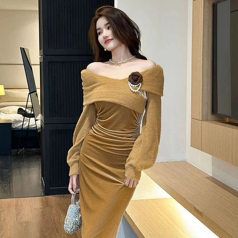ZYHT 11224 Corsage Decor Pleated Waist Elegant Velvet Dress Sexy Off Shoulder Puff Sleeve Slit Evening Dresses