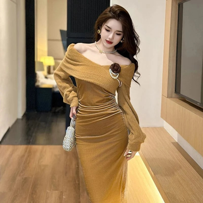 ZYHT 11224 Corsage Decor Pleated Waist Elegant Velvet Dress Sexy Off Shoulder Puff Sleeve Slit Evening Dresses