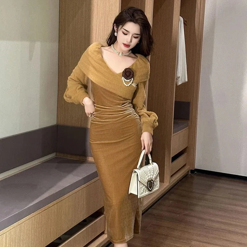 ZYHT 11224 Corsage Decor Pleated Waist Elegant Velvet Dress Sexy Off Shoulder Puff Sleeve Slit Evening Dresses