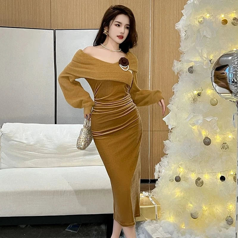 ZYHT 11224 Corsage Decor Pleated Waist Elegant Velvet Dress Sexy Off Shoulder Puff Sleeve Slit Evening Dresses