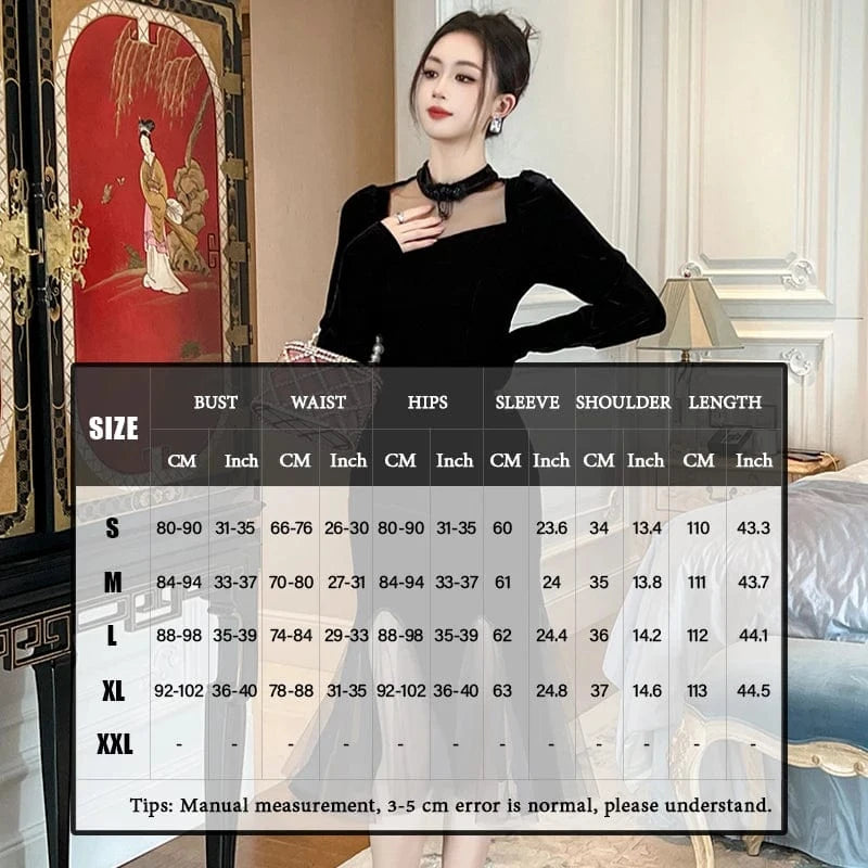 ZYHT 11231 Stand Collar Puff Sleeve Anti-Wrinkle Dress Mesh Velvet Patchwork See-Through Mermaid Style Dress