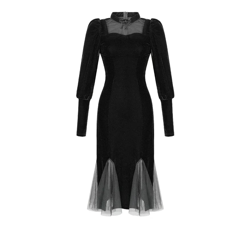 ZYHT 11231 Stand Collar Puff Sleeve Anti-Wrinkle Dress Mesh Velvet Patchwork See-Through Mermaid Style Dress