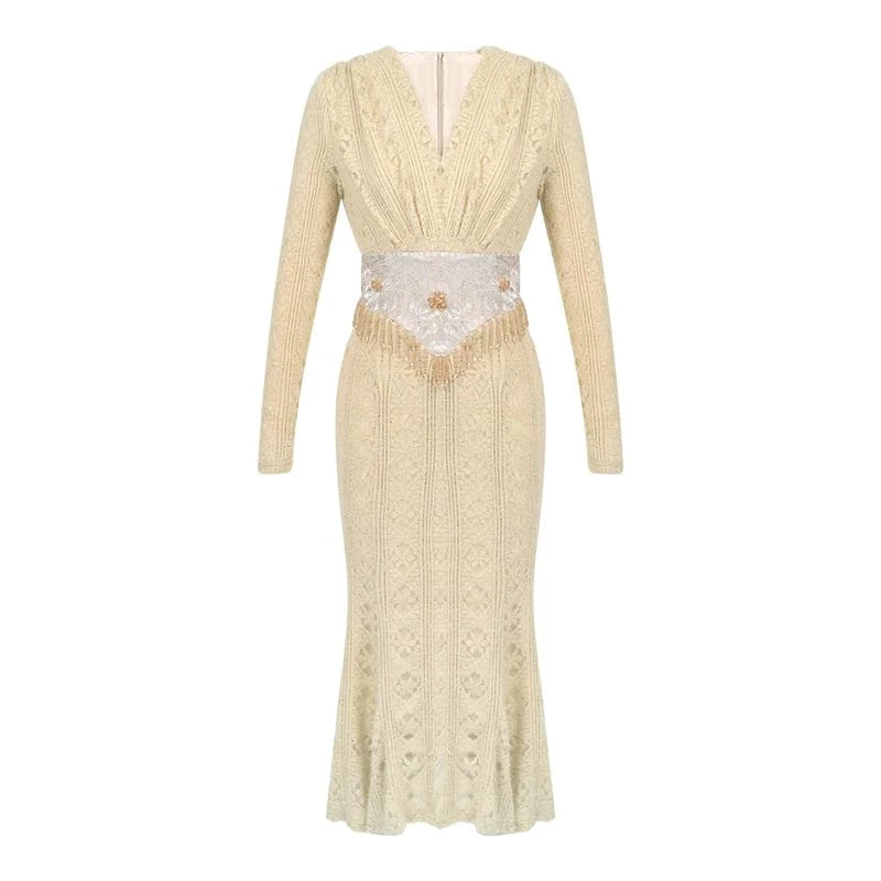 ZYHT 11234 Spring Natural Waistline Breathable Waist Beading Fringe Dress Lace Embroidered Floral Fishtail Dress