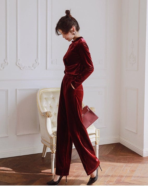 ZYHT 2022 Autumn Elegant Vintage Co-ord Sets New Women's Velvet Casual Suit Two Piece Pants Set