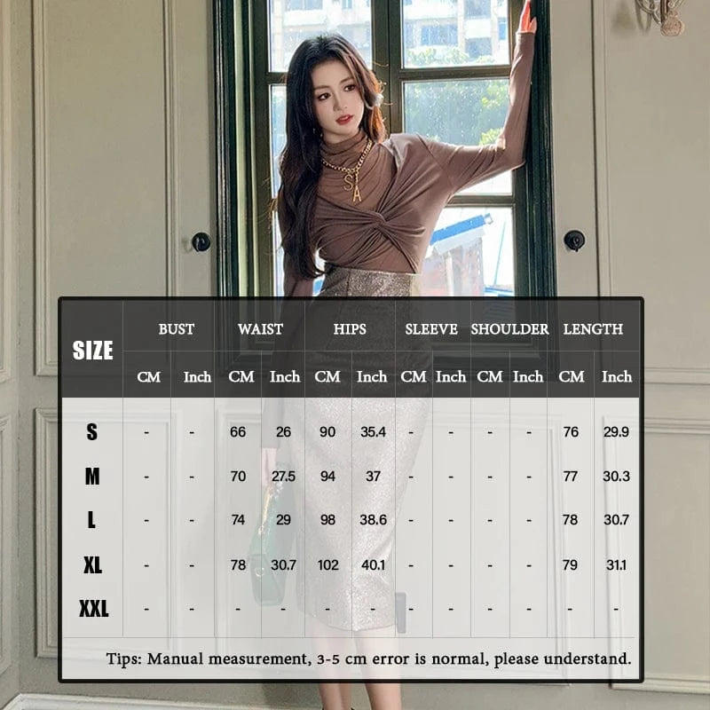 ZYHT 20801 Golden Elegant Sequin Long Casual PU Skirt Shiny Metallic Back Slit Wrap Hip Midi Skirt Women