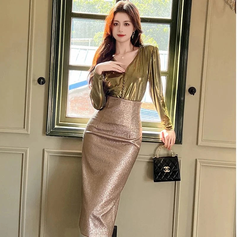 ZYHT 20801 Golden Elegant Sequin Long Casual PU Skirt Shiny Metallic Back Slit Wrap Hip Midi Skirt Women