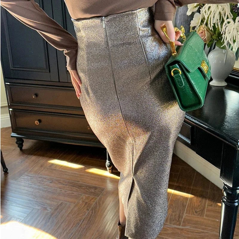 ZYHT 20801 Golden Elegant Sequin Long Casual PU Skirt Shiny Metallic Back Slit Wrap Hip Midi Skirt Women