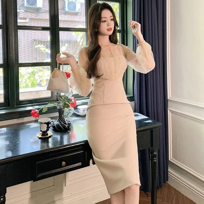 ZYHT 20876 Sexy Ladies Shiny Sequins Pearls Casual Evening Dress Perspective Puff Sleeve Mesh Patchwork Dress