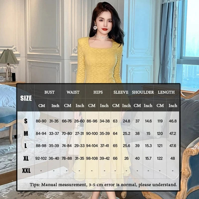 ZYHT 20911 Yellow Knitted Slim Fit Pleated Wrap Hip Fishtail Dress Square Neck Bell Sleeve Mermaid Dress