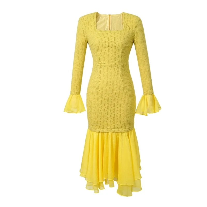 ZYHT 20911 Yellow Knitted Slim Fit Pleated Wrap Hip Fishtail Dress Square Neck Bell Sleeve Mermaid Dress