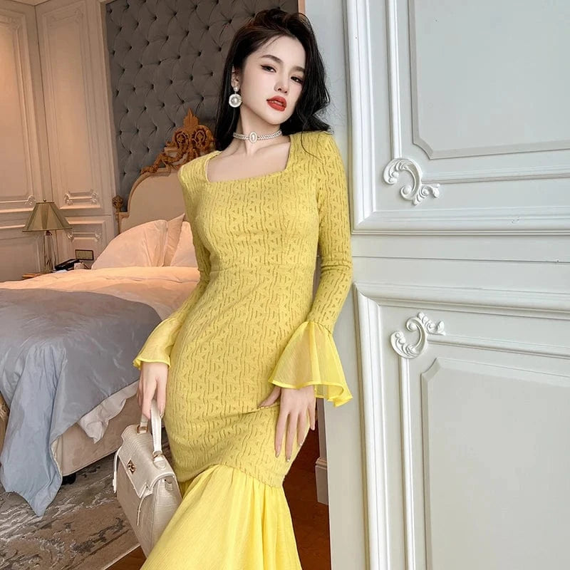 ZYHT 20911 Yellow Knitted Slim Fit Pleated Wrap Hip Fishtail Dress Square Neck Bell Sleeve Mermaid Dress