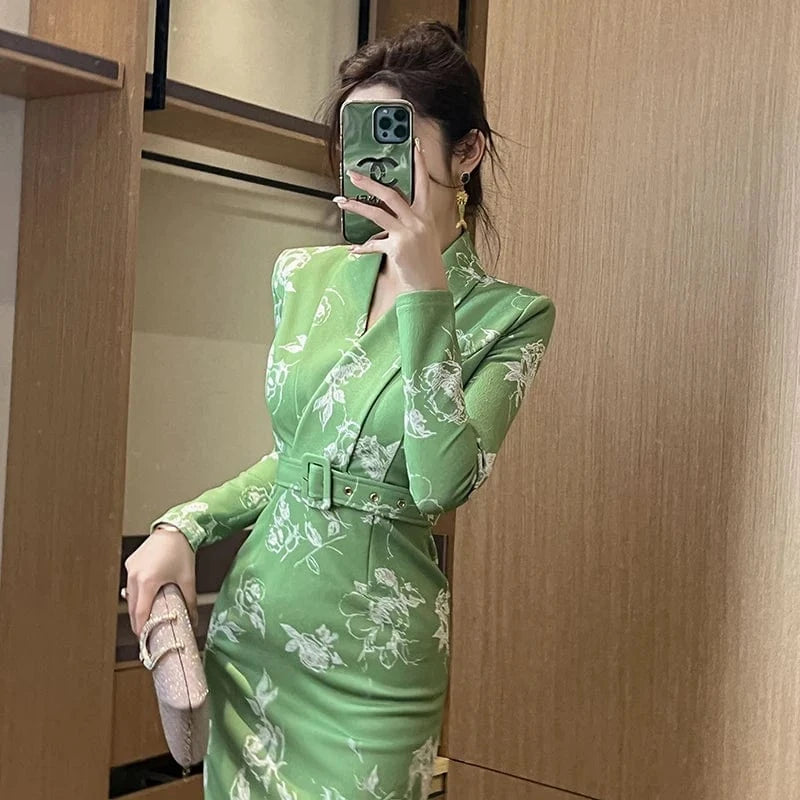 ZYHT 20914 Spring Lapel Collar Belted Straight Knee-Length Dress White Floral Printed Green Formal Dresses