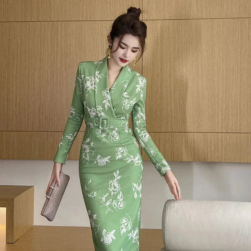 ZYHT 20914 Spring Lapel Collar Belted Straight Knee-Length Dress White Floral Printed Green Formal Dresses