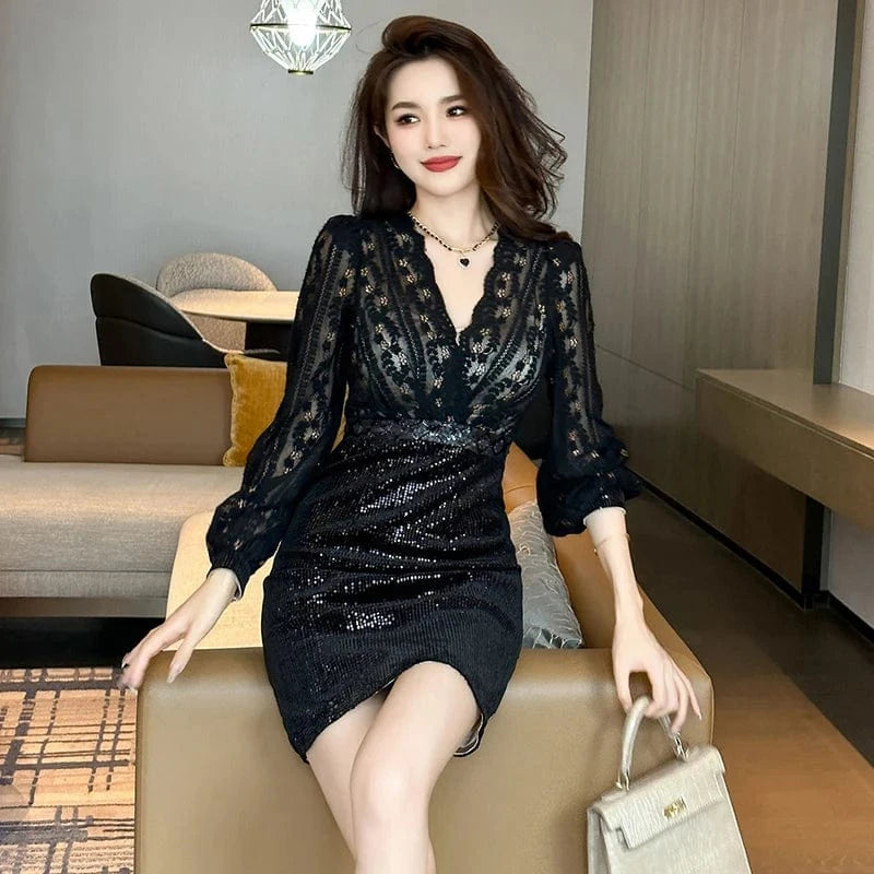 ZYHT 20919 Trending V Neck Dinner Dress Wholesale Sexy Club Black Lace Short Dresses Sexy Women for Ladies