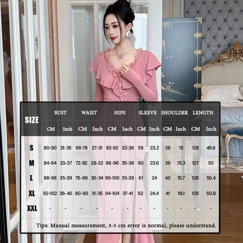 ZYHT 20921 2024 Spring Natural Waistline Pink Ruffle Maxi Dress Flounce V Neck Cotton Knitted Fishtail Dresses