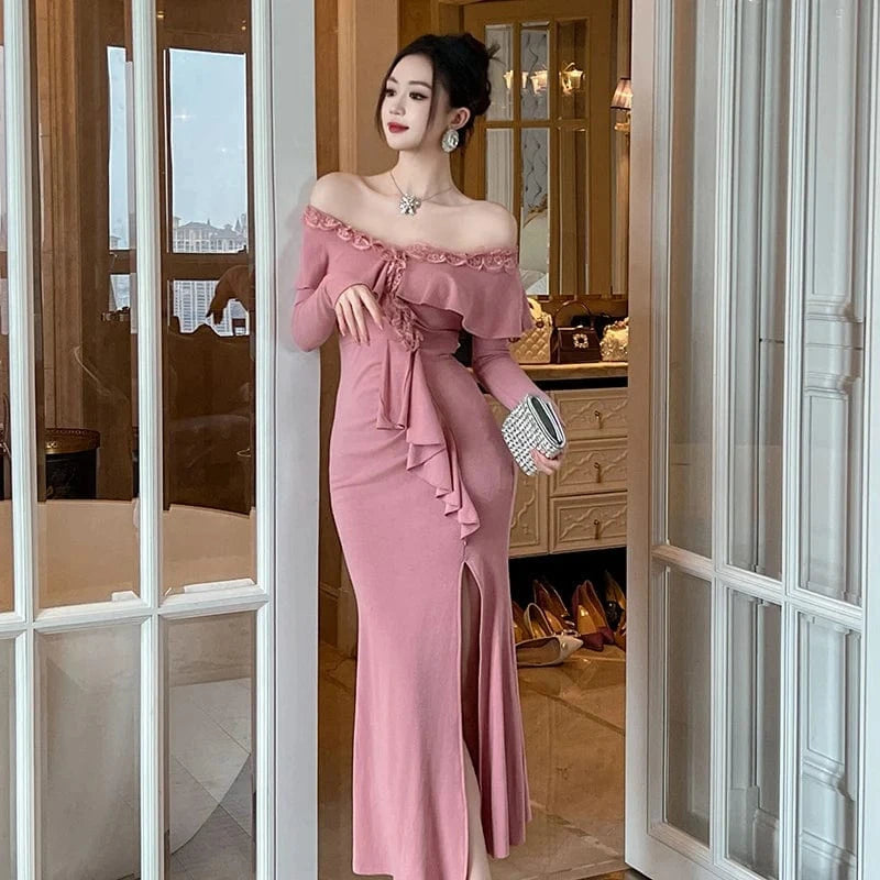 ZYHT 20921 2024 Spring Natural Waistline Pink Ruffle Maxi Dress Flounce V Neck Cotton Knitted Fishtail Dresses