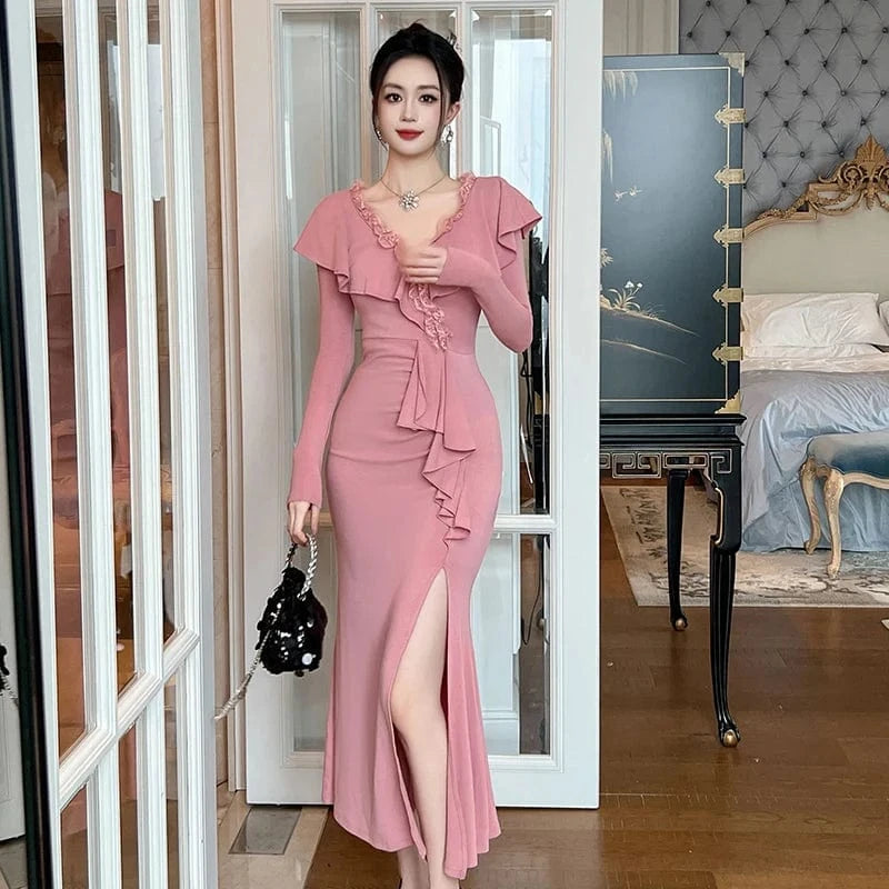 ZYHT 20921 2024 Spring Natural Waistline Pink Ruffle Maxi Dress Flounce V Neck Cotton Knitted Fishtail Dresses