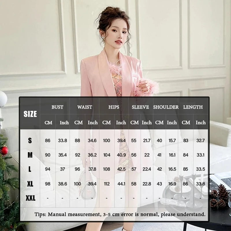 ZYHT 20932 Chic Design Pink Feather Decorative Long Sleeves Blazer One Button Pocket Long Satin Outerwear Coat