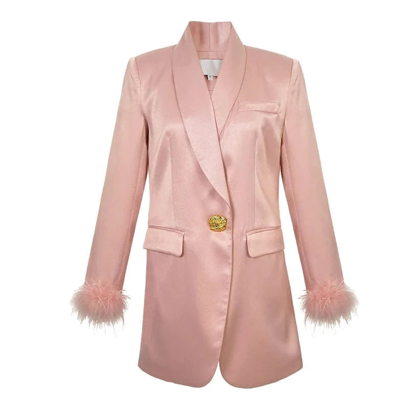 ZYHT 20932 Chic Design Pink Feather Decorative Long Sleeves Blazer One Button Pocket Long Satin Outerwear Coat