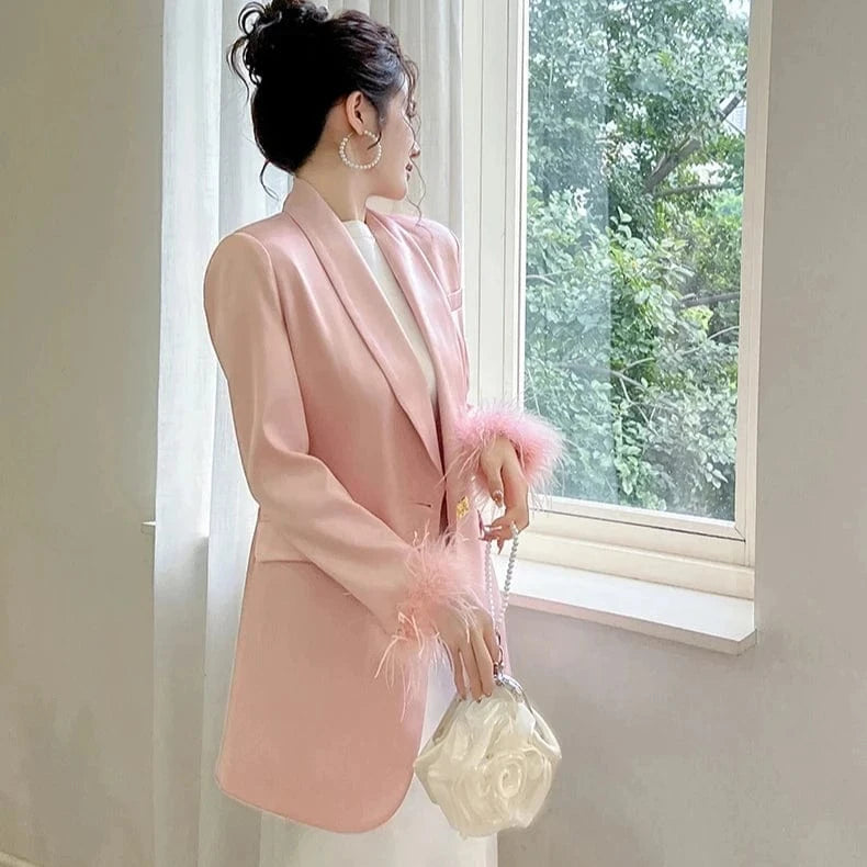 ZYHT 20932 Chic Design Pink Feather Decorative Long Sleeves Blazer One Button Pocket Long Satin Outerwear Coat