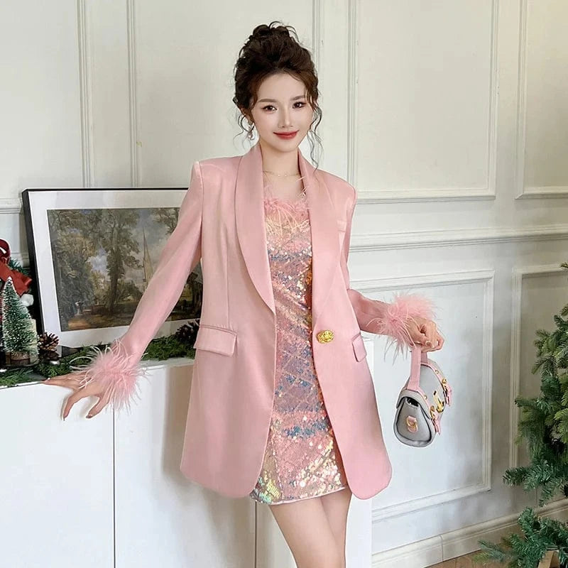 ZYHT 20932 Chic Design Pink Feather Decorative Long Sleeves Blazer One Button Pocket Long Satin Outerwear Coat